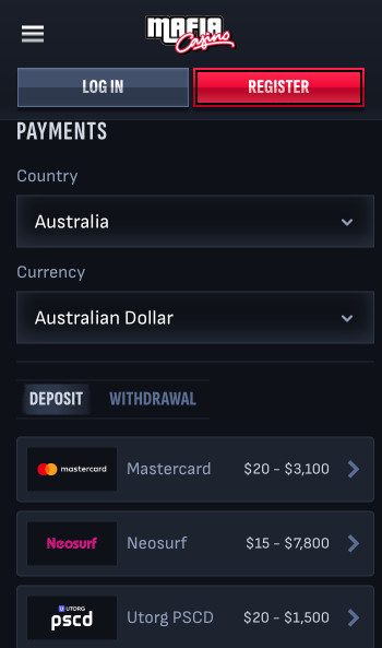 Mafia Casino banking page