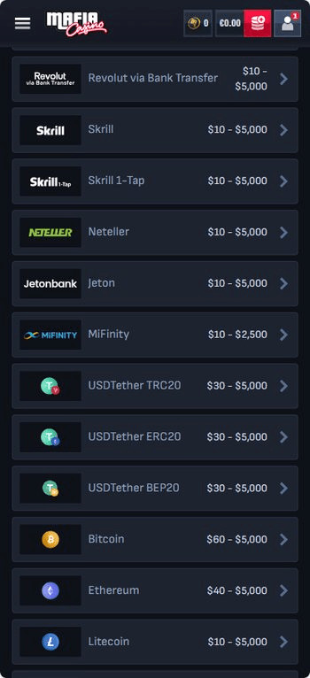 Mafia Casino banking page