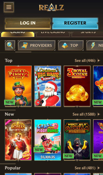 Realz Casino game lobby