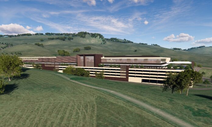 Rendering of the proposed Scotts Valley casino complex set against rolling green hills in Vallejo, California
