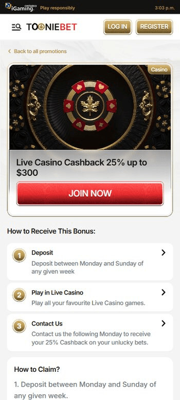 tooniebet live casino cashback