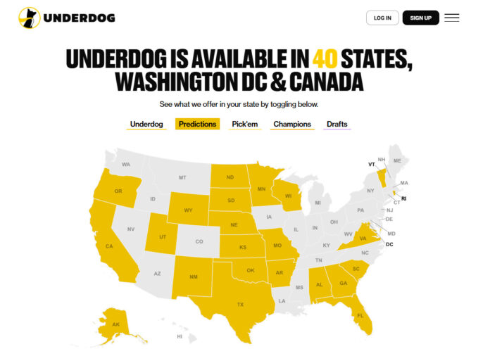 Arizona Moves to Revoke Underdog’s DFS License Over Crypto.com Prediction Markets Underdog Fantasy availability map showing states where prediction markets are offered.