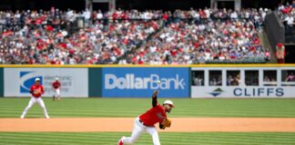 Roosters Defense Raised in Court Filing Challenging MLB Betting Allegations A Cleveland Guardians pitcher delivers a pitch from the mound during a daytime MLB game with a full crowd in the stands.