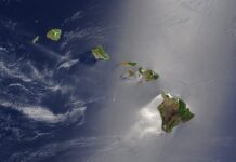 Satellite image showing the Hawaiian Islands in the Pacific Ocean.
