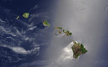 Satellite image showing the Hawaiian Islands in the Pacific Ocean.