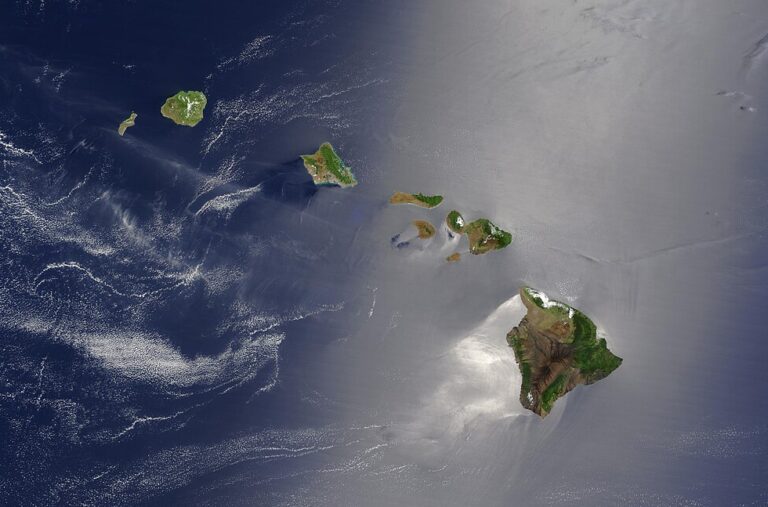 Satellite image showing the Hawaiian Islands in the Pacific Ocean.