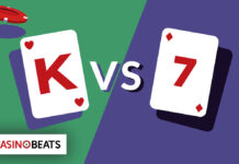 a King (K) playing card versus a 7 card, with poker chips in the background. It visually represents a head-to-head card battle typical of the Casino War game.