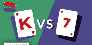 How to Play Casino War: Rules, Strategy & Tips a King (K) playing card versus a 7 card, with poker chips in the background. It visually represents a head-to-head card battle typical of the Casino War game.