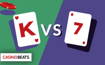 How to Play Casino War: Rules, Strategy & Tips a King (K) playing card versus a 7 card, with poker chips in the background. It visually represents a head-to-head card battle typical of the Casino War game.