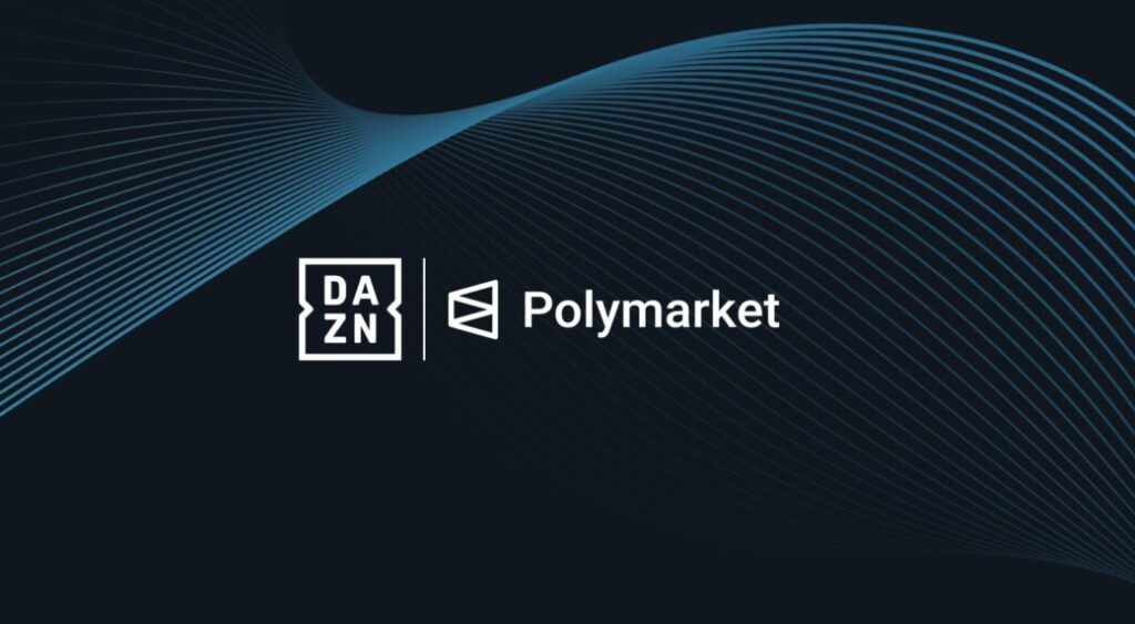 DAZN and Polymarket logos displayed side by side against a dark background with flowing blue lines.