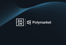 DAZN and Polymarket logos displayed side by side against a dark background with flowing blue lines.