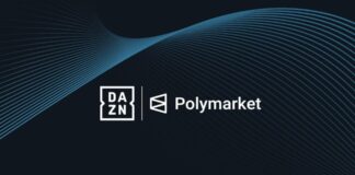 DAZN and Polymarket logos displayed side by side against a dark background with flowing blue lines.