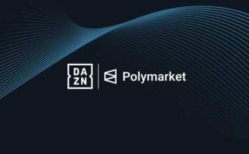DAZN and Polymarket logos displayed side by side against a dark background with flowing blue lines.