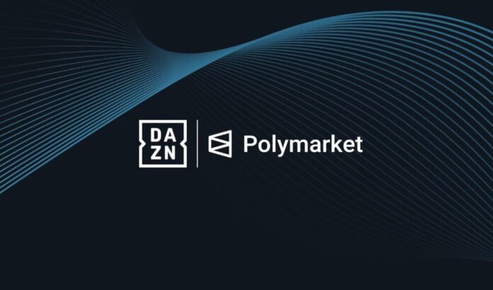 DAZN and Polymarket logos displayed side by side against a dark background with flowing blue lines.