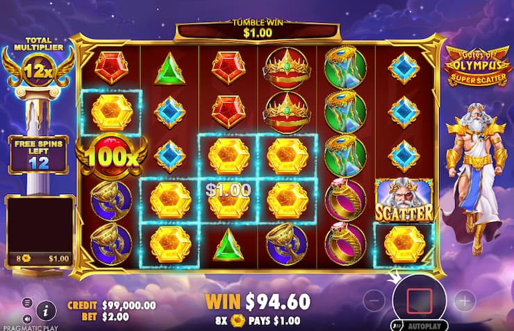 Gates of Olympus Suer Scatters slot with activated bonus and huge multipliers 