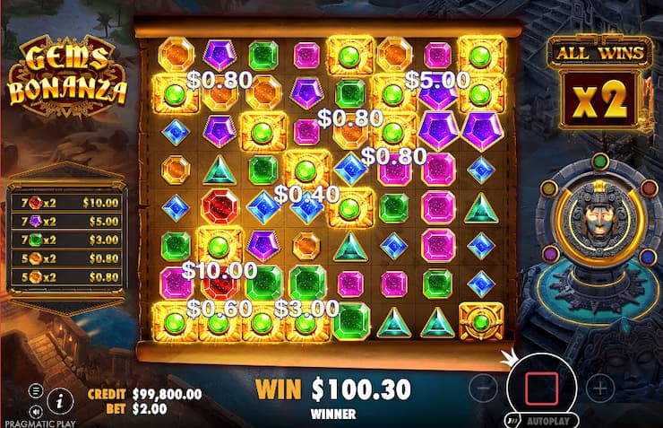 Gems Bonanza slot bonus feature activate with random wilds on the reels. 