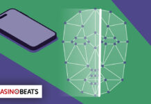 Smartphone and a split digital human face graphic illustrating AI-powered facial recognition technology used by casinos to monitor players and support safer gambling practices.