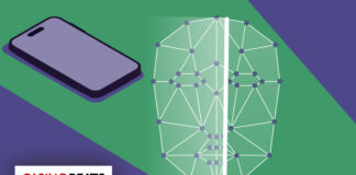 Casino Facial Recognition Technology For Responsible Gambling Smartphone and a split digital human face graphic illustrating AI-powered facial recognition technology used by casinos to monitor players and support safer gambling practices.