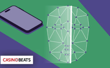 Smartphone and a split digital human face graphic illustrating AI-powered facial recognition technology used by casinos to monitor players and support safer gambling practices.