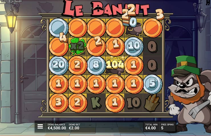 Le Bandit slot with activated bonus and coin collected feature in progress. 