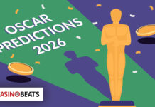 Illustration of an Oscar statue on a green and purple background with confetti. Text reads "Oscar Predictions 2026" and "CasinoBeats" logo. Festive tone