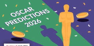 2026 Oscars Odds: Who Will Win at the Academy Awards Illustration of an Oscar statue on a green and purple background with confetti. Text reads "Oscar Predictions 2026" and "CasinoBeats" logo. Festive tone