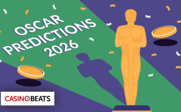 Oscar Predictions 2026: Who Will Win the Oscars? Illustration of an Oscar statue on a green and purple background with confetti. Text reads "Oscar Predictions 2026" and "CasinoBeats" logo. Festive tone