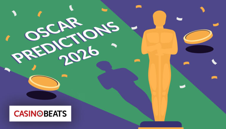 Illustration of an Oscar statue on a green and purple background with confetti. Text reads "Oscar Predictions 2026" and "CasinoBeats" logo. Festive tone