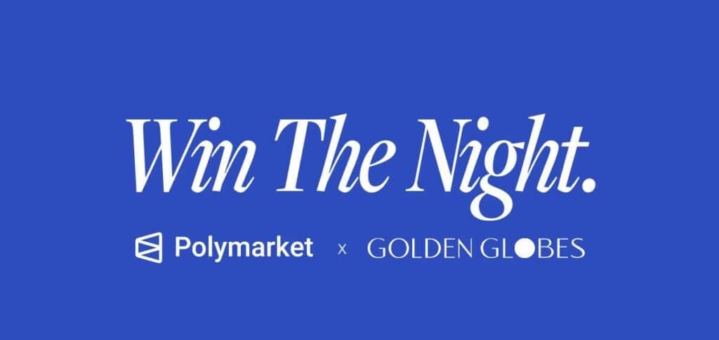 Polymarket and Golden Globes co-branded graphic reading “Win The Night” on a blue background