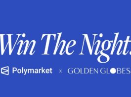 Polymarket and Golden Globes co-branded graphic reading “Win The Night” on a blue background