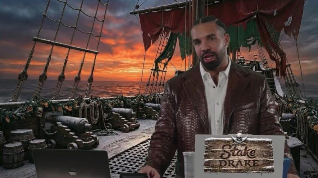 Drake hosting a Stake gambling livestream aboard a pirate-themed set.