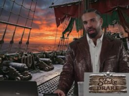 Drake hosting a Stake gambling livestream aboard a pirate-themed set.