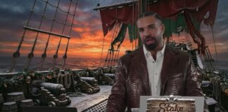 Drake hosting a Stake gambling livestream aboard a pirate-themed set.