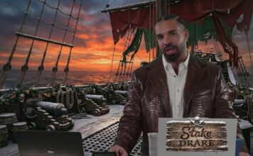 Drake hosting a Stake gambling livestream aboard a pirate-themed set.