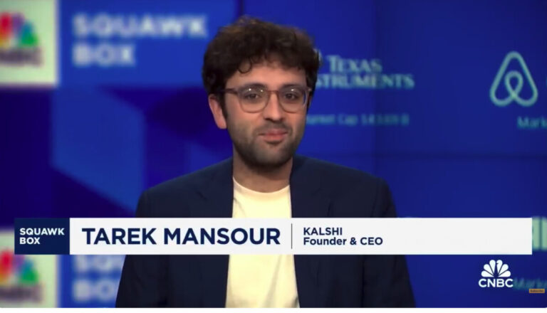 Tarek Mansour, founder and CEO of Kalshi, appears on CNBC’s Squawk Box during a televised interview.