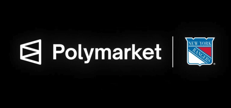 Polymarket logo displayed alongside the New York Rangers logo announcing a prediction market partnership