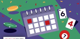 Start the Year Right: New Year’s Resolutions for Smarter Casino Play Illustration of a casino-themed calendar with marked dates, surrounded by playing cards, poker chips, coins, confetti, and a numbered ball, symbolizing scheduled casino play and planning.