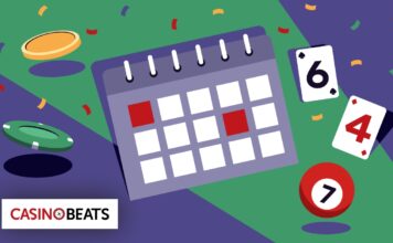 Start the Year Right: New Year’s Resolutions for Smarter Casino Play Illustration of a casino-themed calendar with marked dates, surrounded by playing cards, poker chips, coins, confetti, and a numbered ball, symbolizing scheduled casino play and planning.