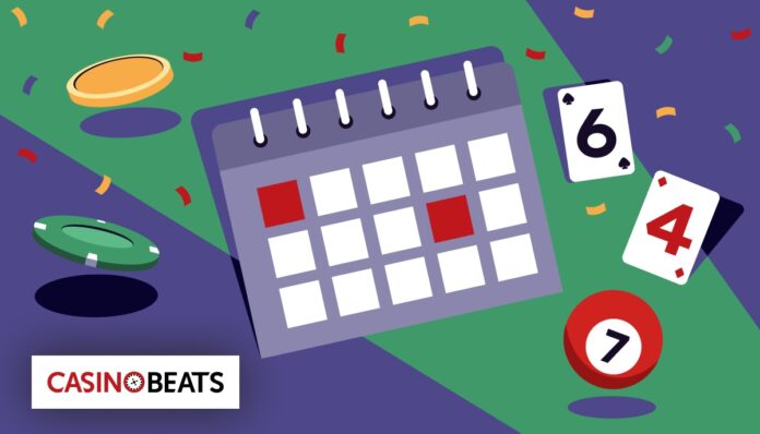Start the Year Right. New Years Resolutions for Smarter Casino Play Illustration of a casino-themed calendar with marked dates, surrounded by playing cards, poker chips, coins, confetti, and a numbered ball, symbolizing scheduled casino play and planning.