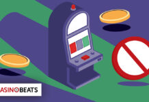 How Casino Self-Exclusion Programs Help Problem Gamblers Illustration of a slot machine with coins floating nearby and a prohibition symbol. The Casino Beats logo is in the corner, conveying a restricted gambling theme