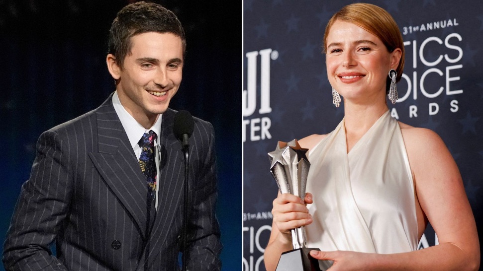 Alt text: Timothee Chalamet and Jessie Buckley at the Critics Choice Awards