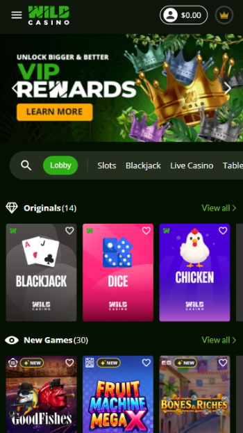 Wild Casino homepage