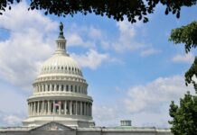 The U.S. Capitol building in Washington, D.C., seen beneath a blue sky with trees framing the dome.