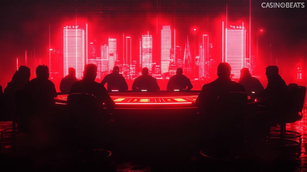 high rollers at a casino table with London backdrop
