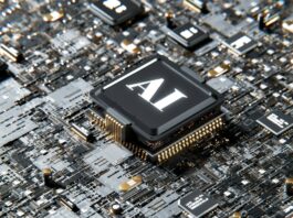 Close-up illustration of a computer circuit board with a central processor labeled “AI,” representing automated decision-making technology.