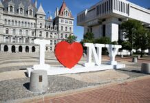 An ‘I Love NY’ sculpture outside the New York State Capitol complex in Albany.