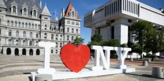 New York Bill Seeks to Ban Bettors Who Harass Athletes An ‘I Love NY’ sculpture outside the New York State Capitol complex in Albany.