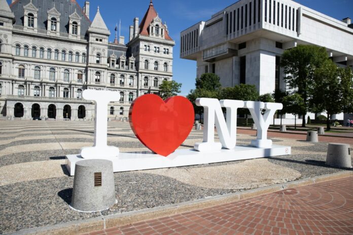 An ‘I Love NY’ sculpture outside the New York State Capitol complex in Albany.