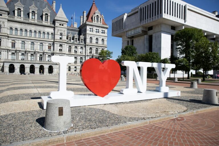 An ‘I Love NY’ sculpture outside the New York State Capitol complex in Albany.