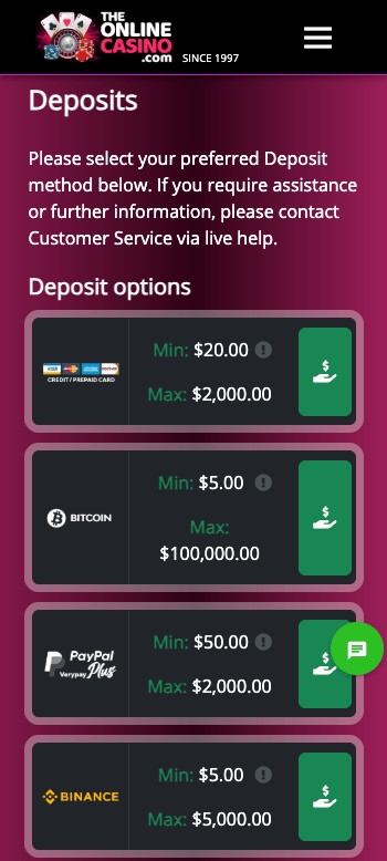 The Online Casino credit card options